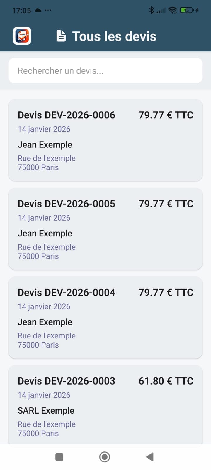 Création d'un devis dans Devis Creator