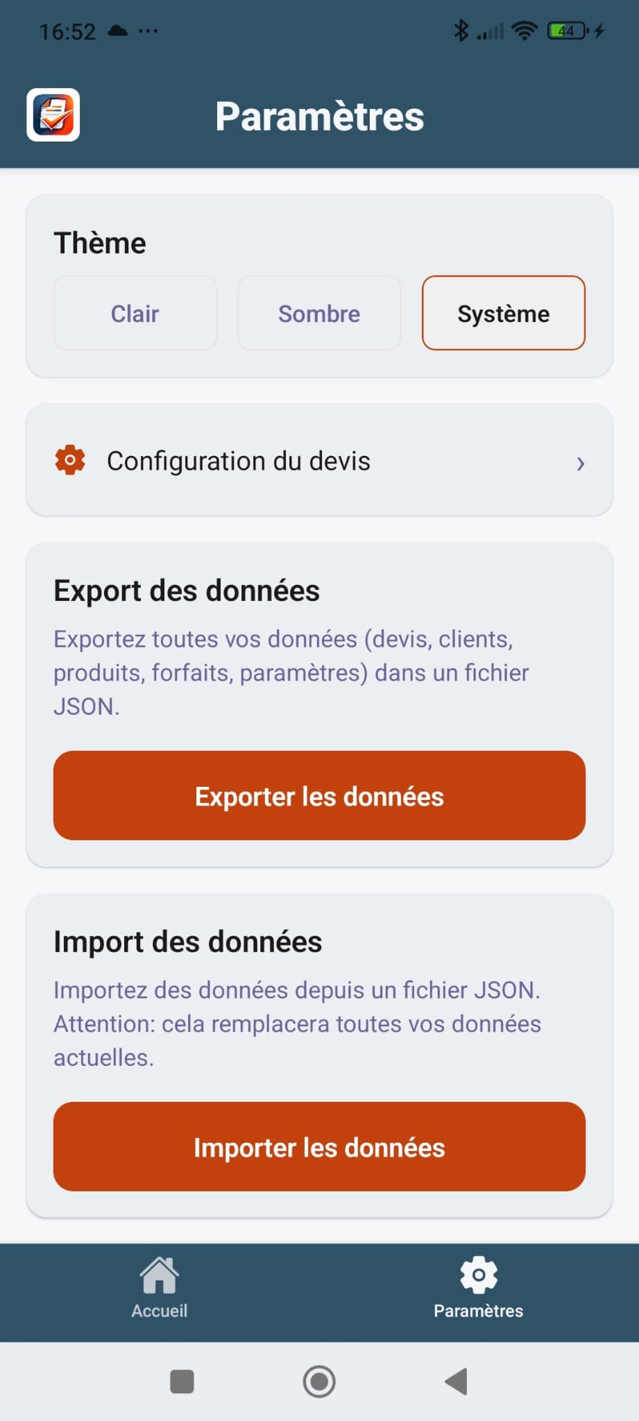 Paramètres de Devis Creator